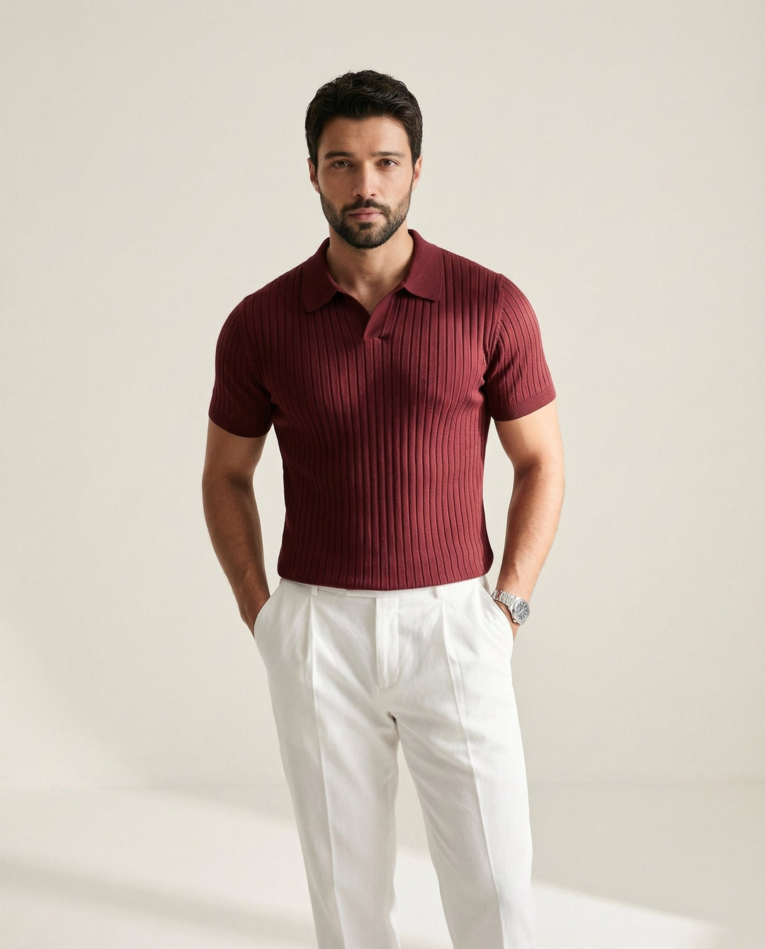 Raised Collar Knit Polo T-Shirt