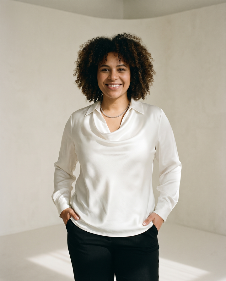 Draped-Neck Satin Blouse