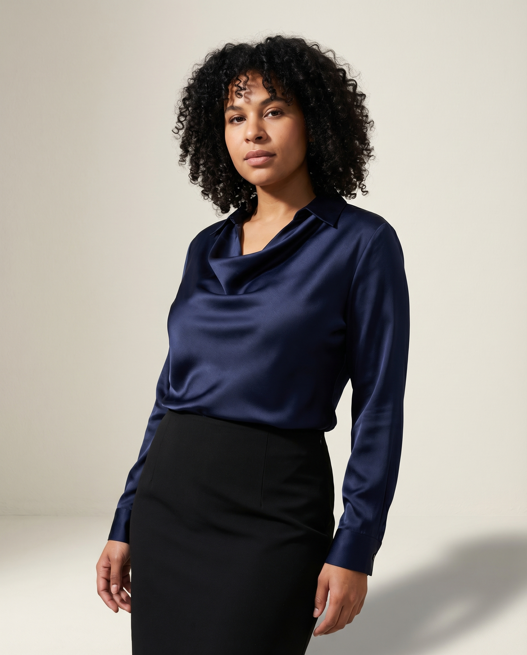 Draped-Neck Satin Blouse