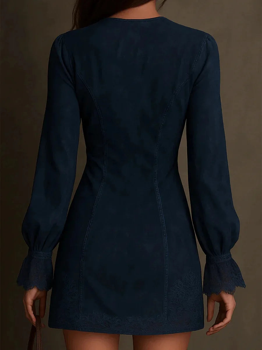 Front-Closure Neckline Suede-Effect Dress