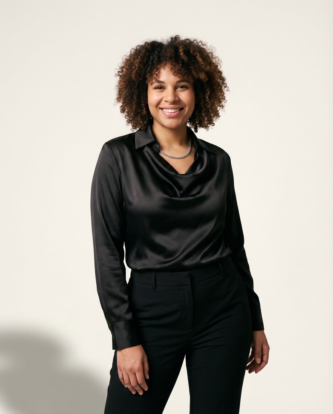 Draped-Neck Satin Blouse