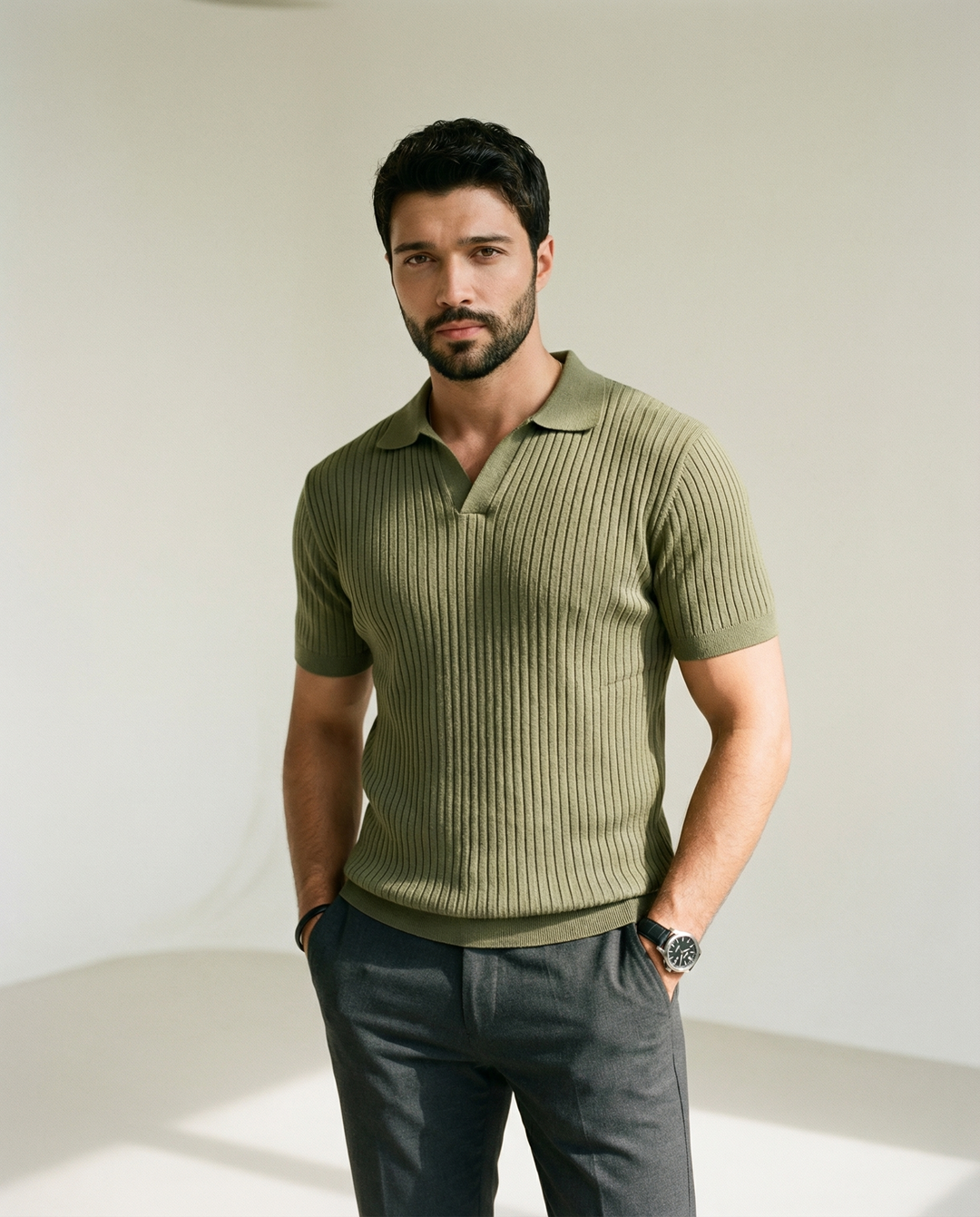 Raised Collar Knit Polo T-Shirt