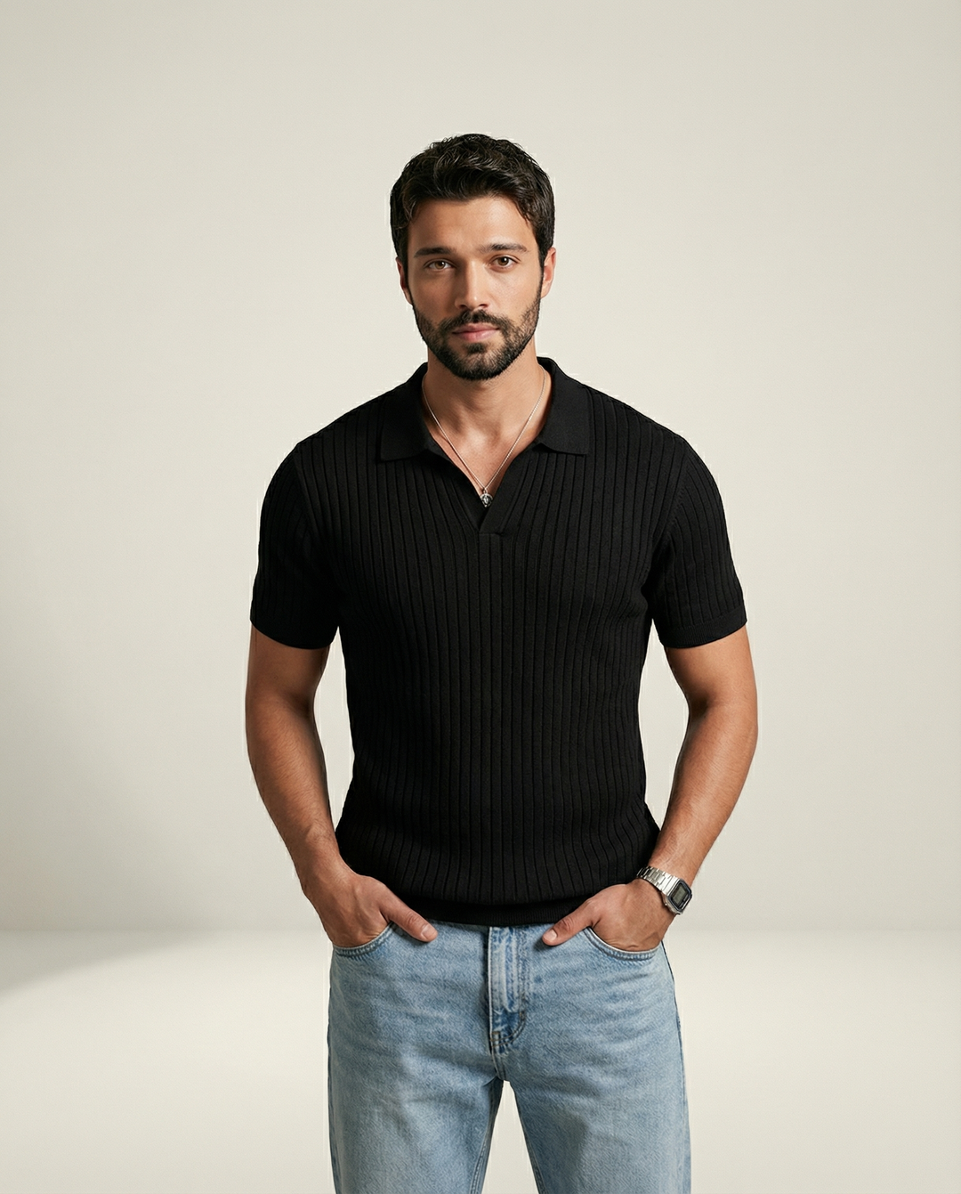Raised Collar Knit Polo T-Shirt