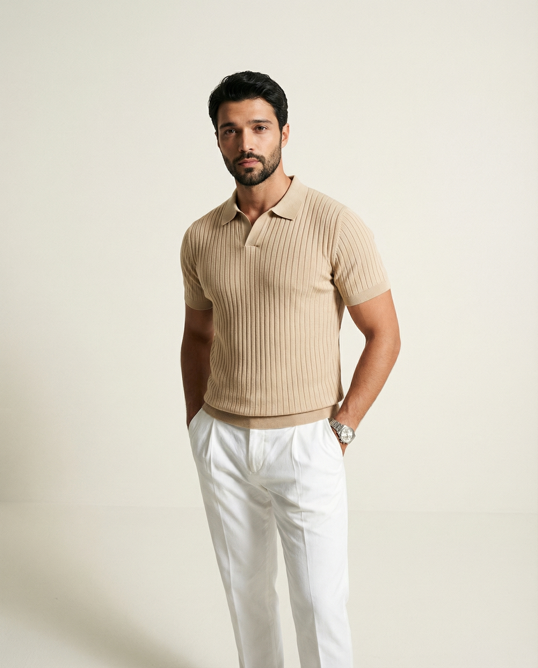 Raised Collar Knit Polo T-Shirt