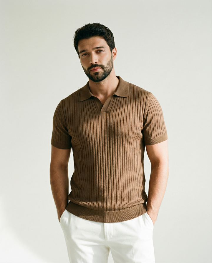 Raised Collar Knit Polo T-Shirt