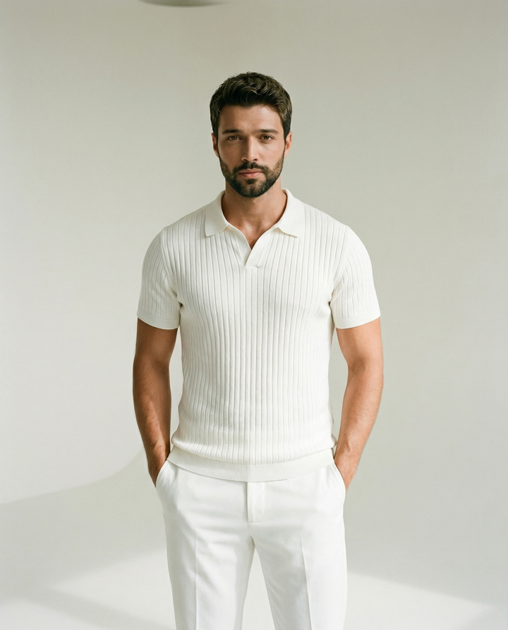 Raised Collar Knit Polo T-Shirt