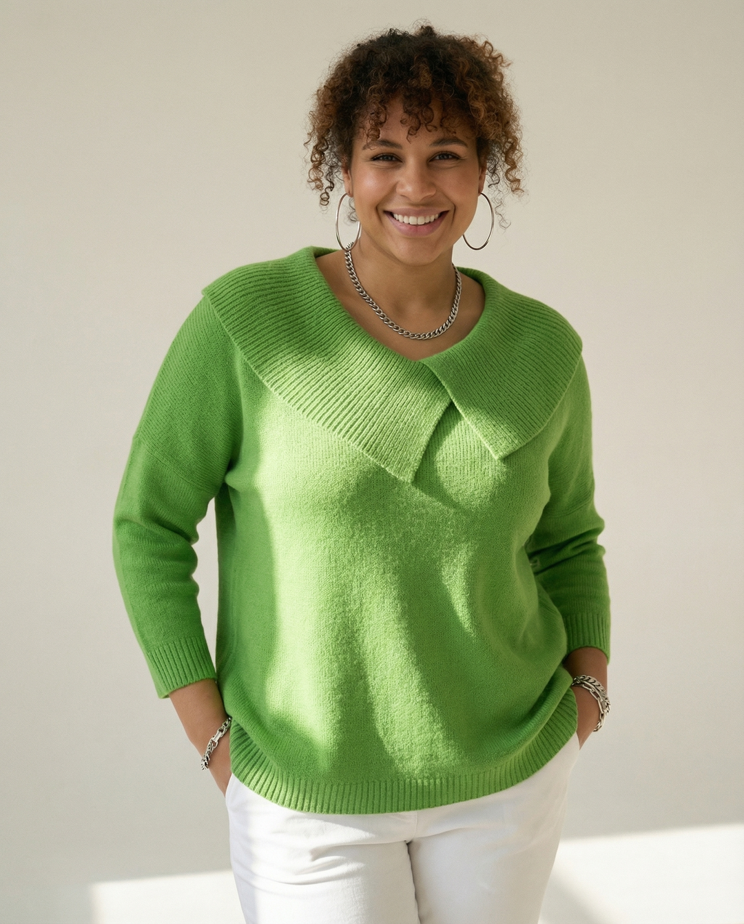 Pleated Neckline Wool-Blend Sweater