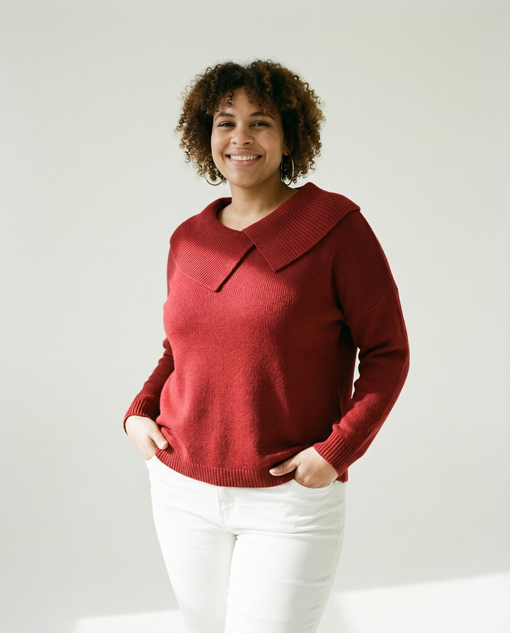 Pleated Neckline Wool-Blend Sweater