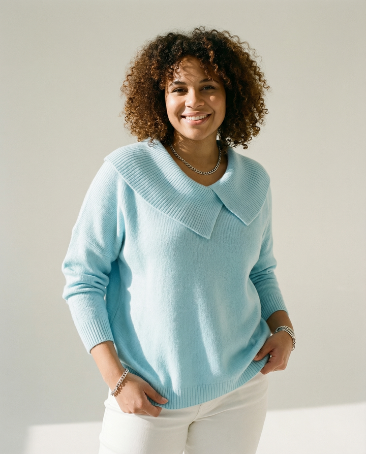 Pleated Neckline Wool-Blend Sweater