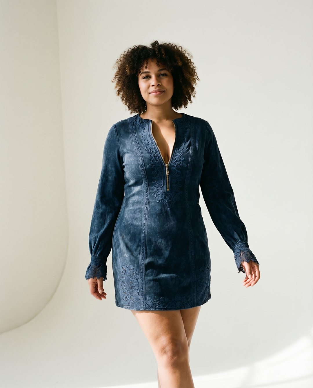 Front-Closure Neckline Suede-Effect Dress
