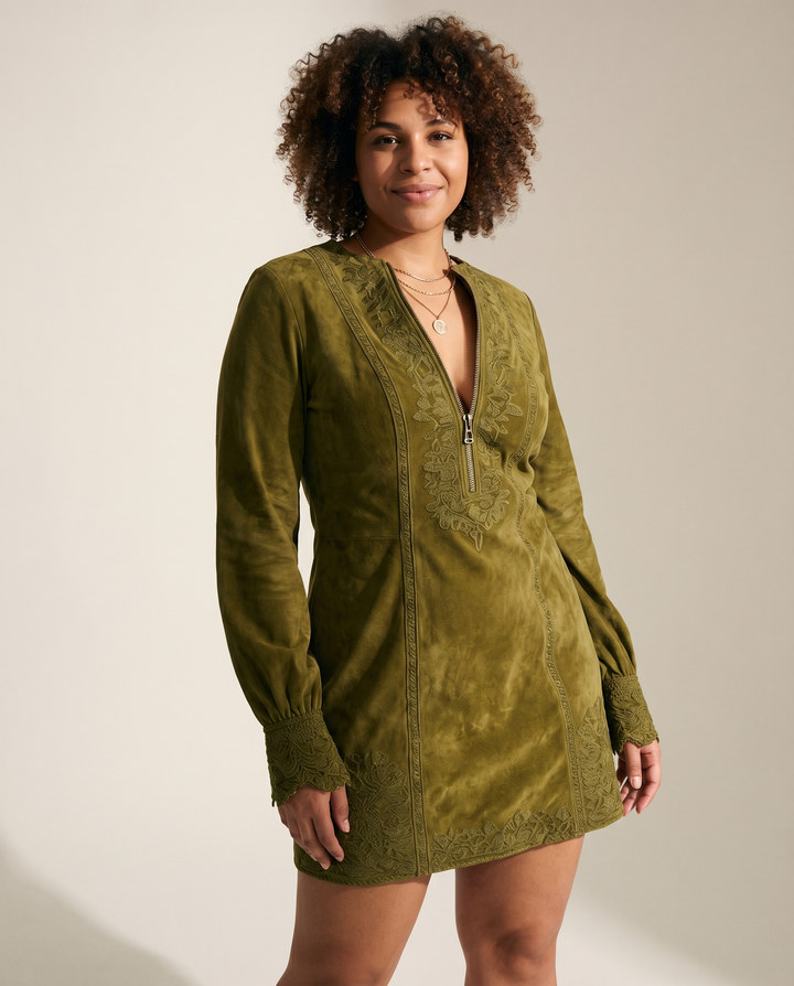 Front-Closure Neckline Suede-Effect Dress