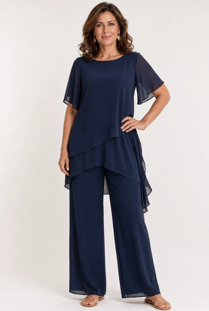 Sivela - Asymmetric Overlay Chiffon Palazzo Set