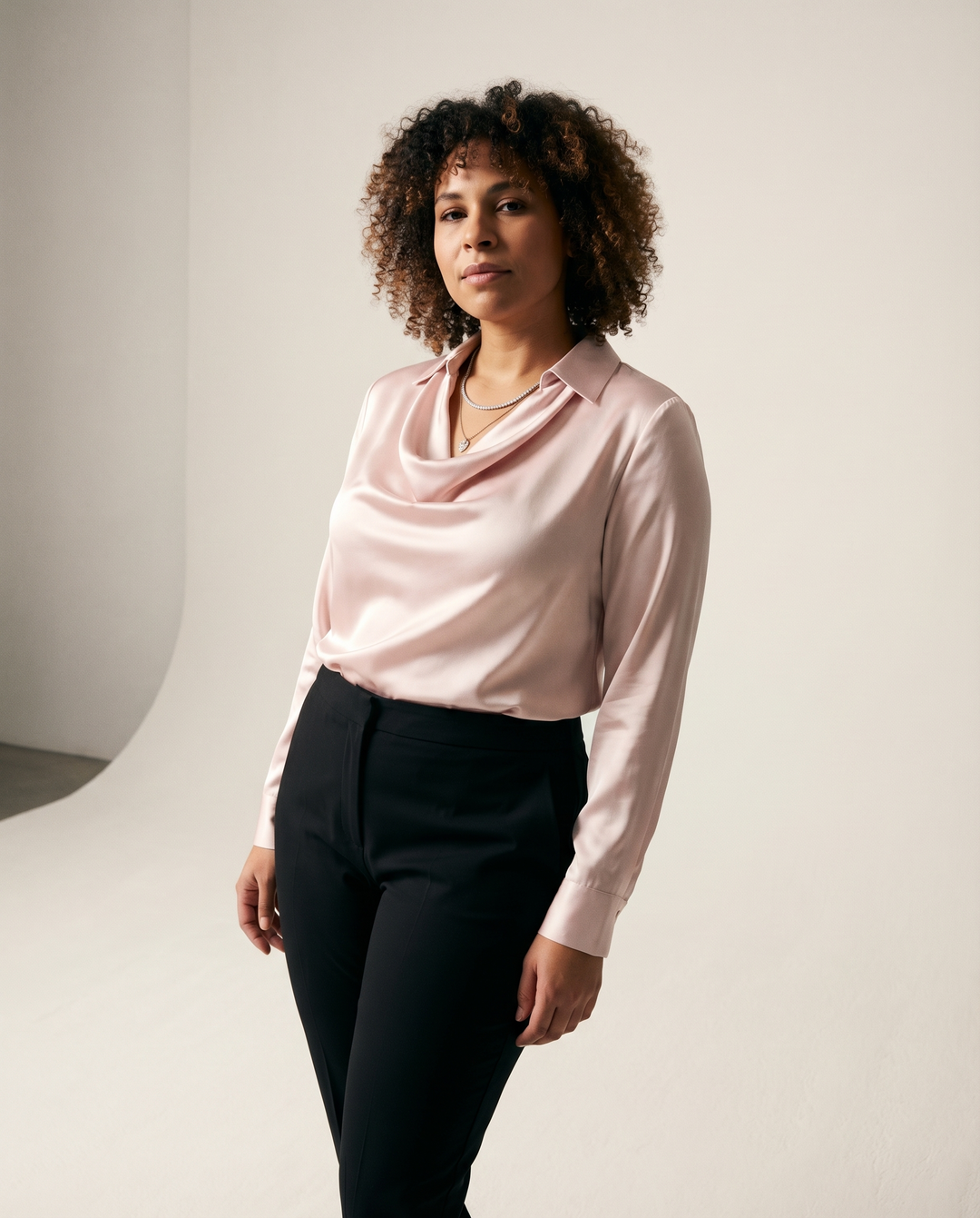 Draped-Neck Satin Blouse