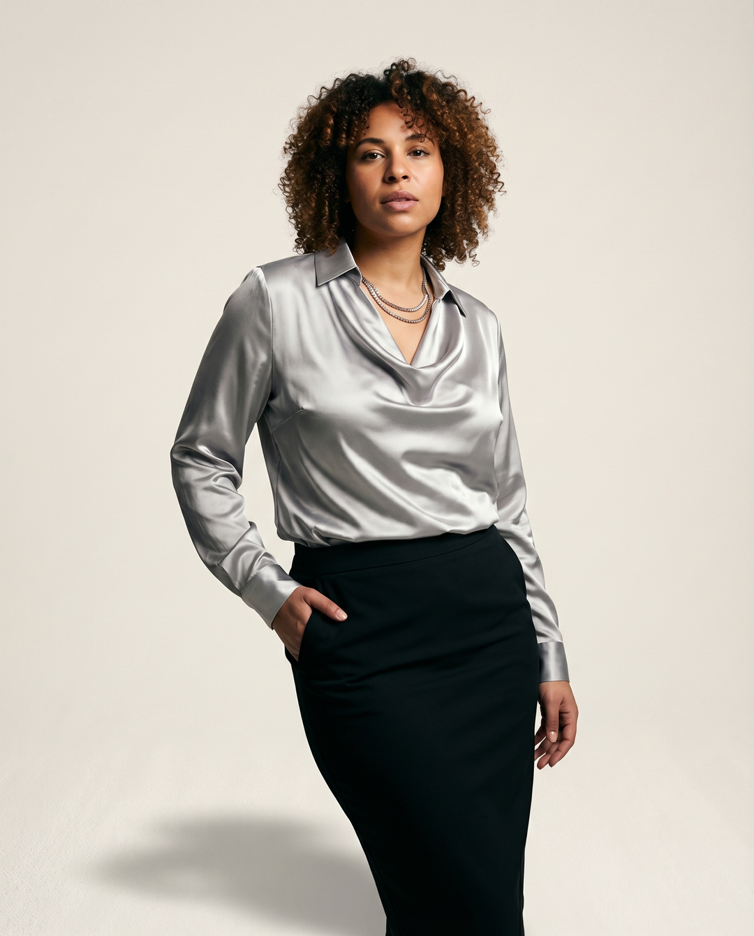 Draped-Neck Satin Blouse